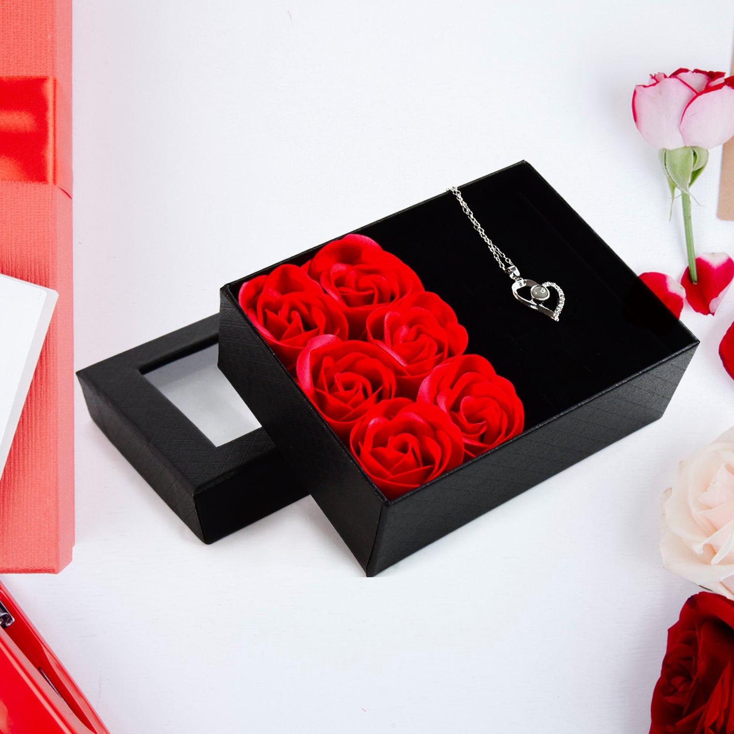 Rose Flower Gift Box, Handmade Eternal Rose with I Love You Necklace, Valentine's Day, Rose Flower Gift Box, Handmade Eternal Rose with I Love You Necklace, Valentine's Day,